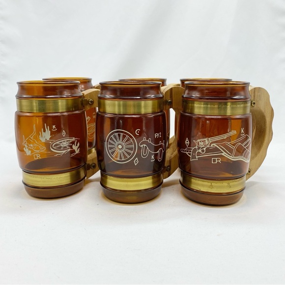 Vintage Siesta Ware Amber Brown Glass Mugs Western Cowboy Bar Mugs Set of 6 - Picture 1 of 11